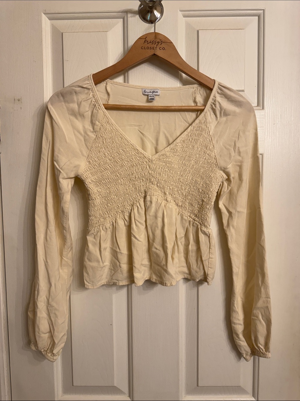 love, Fire Cream Smocked V-Neck Peplum Long Sleeve Top - Cream